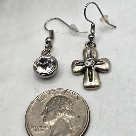 "5/$25" Mismatched Silvertone Rhinestone Cross /Circle Dangle Earrings - Picture 3 of 8